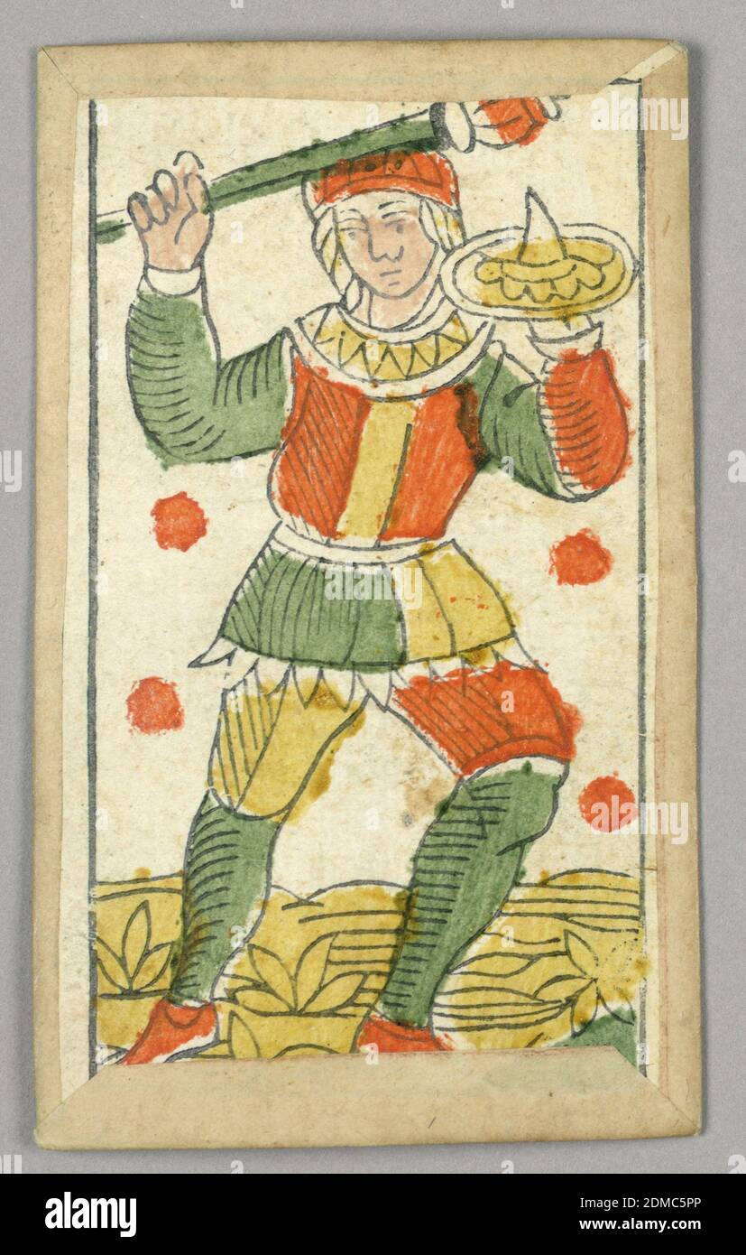 Minchiate (Tarot) jugar a la carta, estarcido de color woodblock imprimir,  parte de un conjunto de Minchiate italiano jugar a las cartas., Florencia,  Italia, siglo 17, jugar a la carta, jugar a