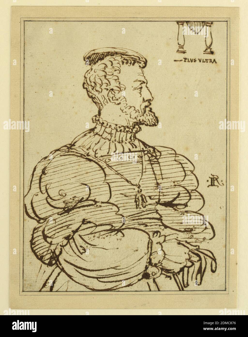 Retrato del emperador Carlos V, pluma y tinta negra sobre papel, retrato de un hombre de la arvezada en el perfil., Italia, 1530–35, figuras, dibujo Foto de stock