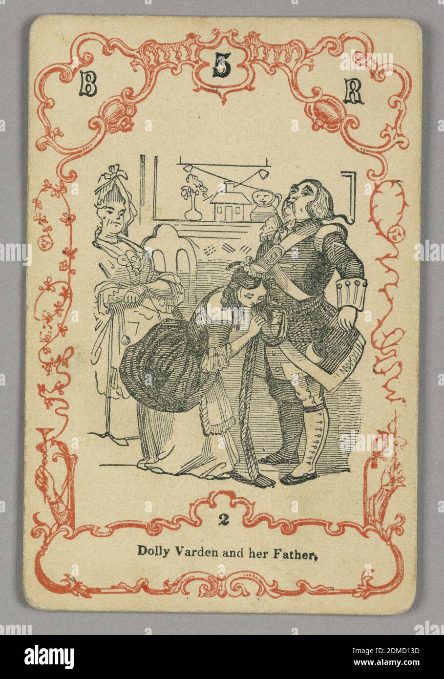 Jugar a la carta, tinta roja y negra, papel, Tarjeta numerada en la parte superior: B 5 R; abajo imagen central: 2, Europa, ca. 1855, jugando a la carta Foto de stock