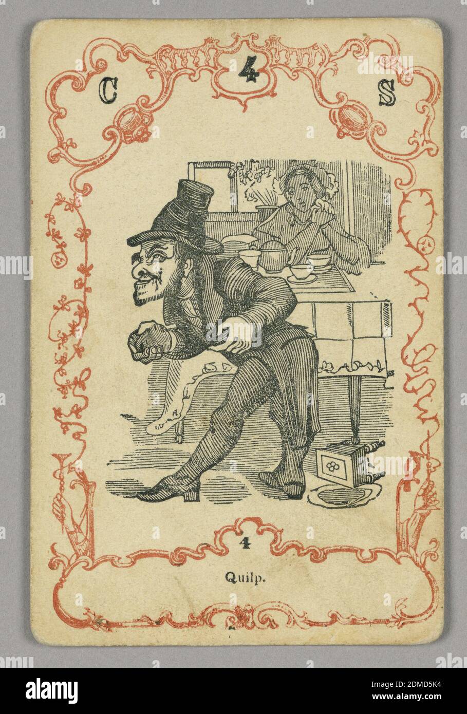 Jugar a la carta, tinta roja y negra, papel, Tarjeta numerada en la parte superior: C 4 S; abajo imagen central: 4, Europa, ca. 1855, jugando a la carta Foto de stock