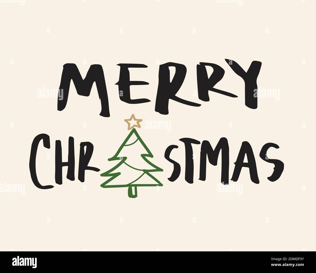 Feliz Navidad texto escrito a mano con el árbol y el contorno de la estrella en fondo de color crema Ilustración del Vector