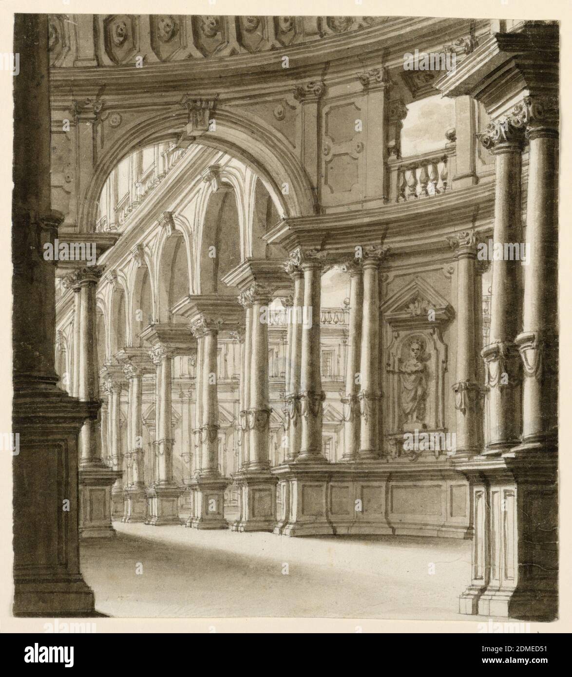 Diseño escénico, interior del Portico renacentista, tinta pluma y bistre,  cepillo y lavado sobre papel, rectángulo horizontal. Pórtico de estilo  renacentista con columnas acopladas en el parque, Italia, principios del  siglo 19,