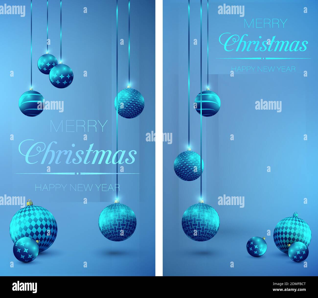 Adornos de Navidad, bolas de vidrio. Navidad, año Nuevo diseño de tarjetas  de felicitación, banner de vacaciones. Decoraciones, bolas de vidrio  brillante sobre fondo azul. Real Imagen Vector de stock - Alamy