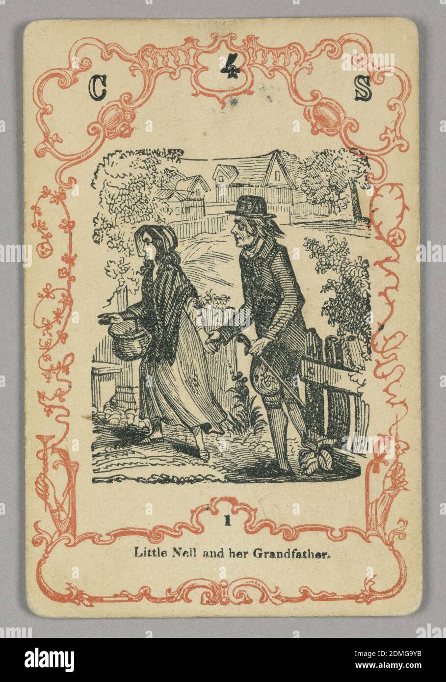 Jugar a la carta, tinta roja y negra, papel, Tarjeta numerada en la parte superior: C 4 S; abajo imagen central: 1, Europa, ca. 1855, jugando a la carta Foto de stock