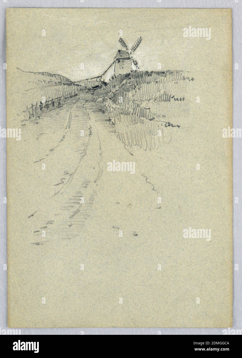A Windmill, Francis Augustus Lathrop, American, 1849 - 1909, crayón negro y blanco en papel azul-gris, camino a la izquierda, con campos en ambos lados. Molino de viento a distancia, a la derecha de la carretera., EE.UU., CA. 1895, paisajes, dibujo Foto de stock