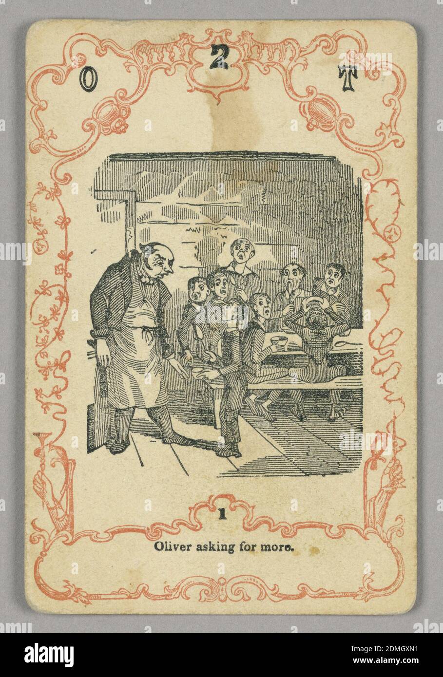 Jugar a la carta, tinta roja y negra, papel, en la parte superior: O 2 T; debajo de la imagen central: 1, Europa, ca. 1855, jugando a la carta Foto de stock