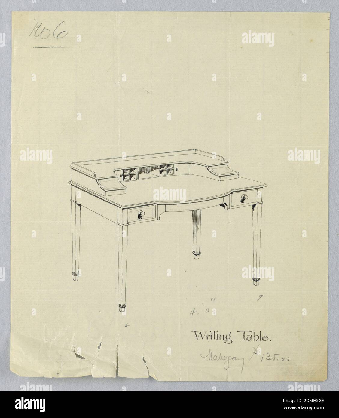 Diseño para escribir Tabla no 6, A.N. Davenport Co., pluma y tinta negra, grafito sobre papel crema fino, 1900–05, muebles, dibujo Foto de stock