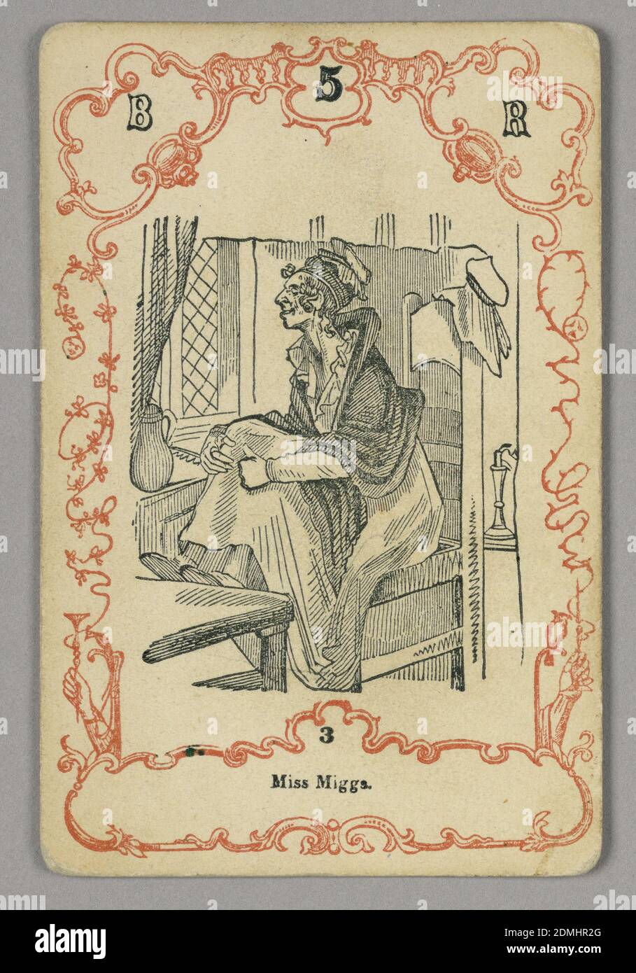 Jugar a la carta, tinta roja y negra, papel, Tarjeta numerada en la parte superior: B 5 R; abajo imagen central: 3, Europa, ca. 1855, jugando a la carta Foto de stock