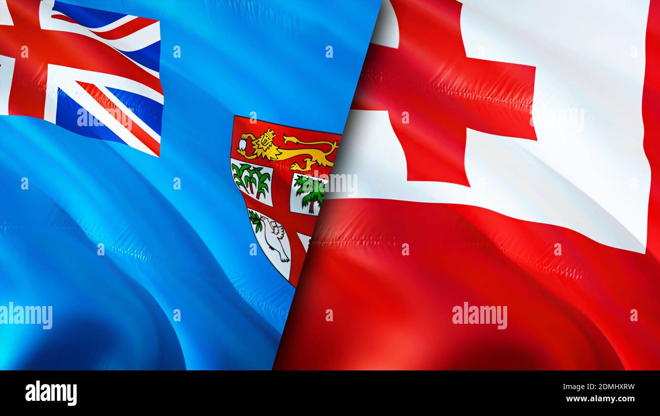 Banderas de Fiji y Tonga. Diseño de bandera de espeleología en 3D. Fiji
