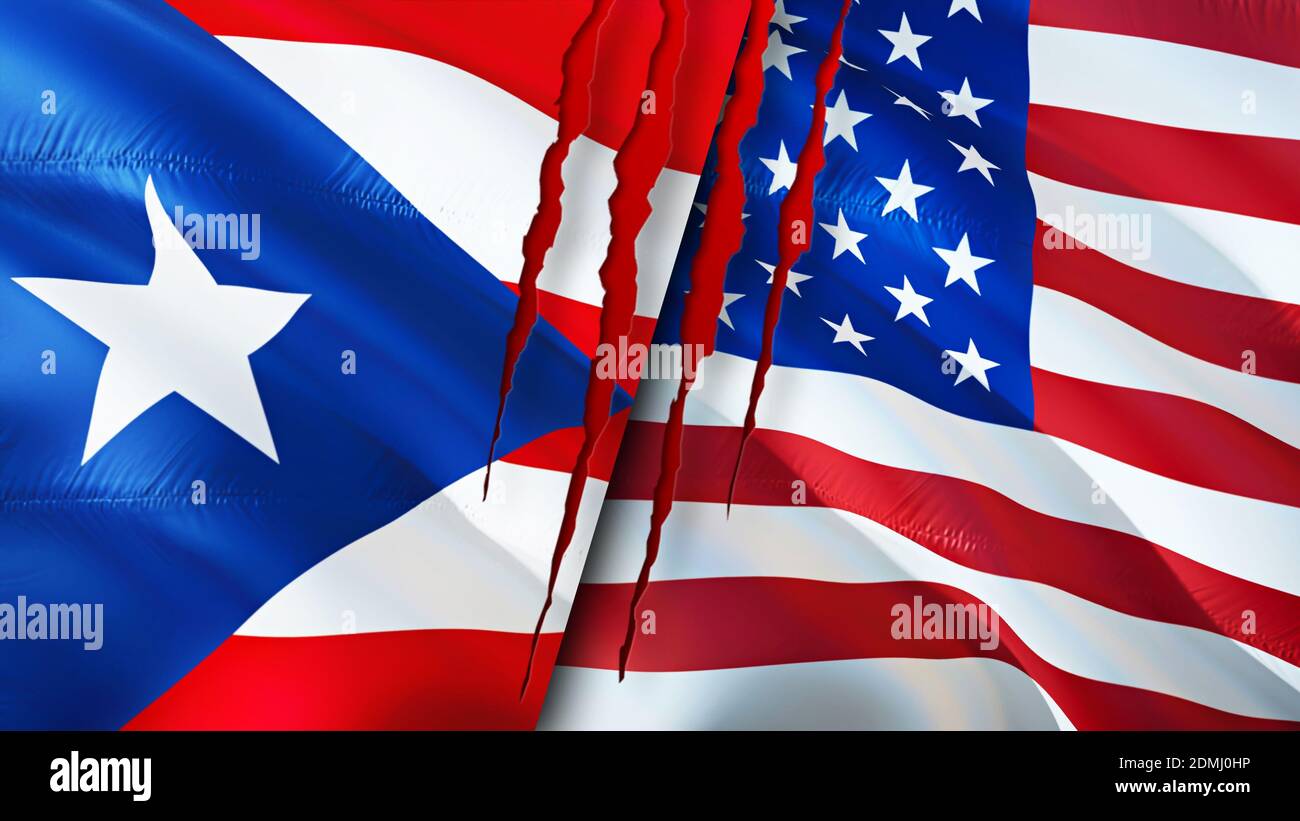 Puerto Rico y EE.UU. Banderas con el concepto de cicatriz. Indicador de  onduladeamiento, renderizado en 3D. Concepto de conflicto en Puerto Rico y Estados  Unidos. Concepto de relaciones con Puerto Rico USA.