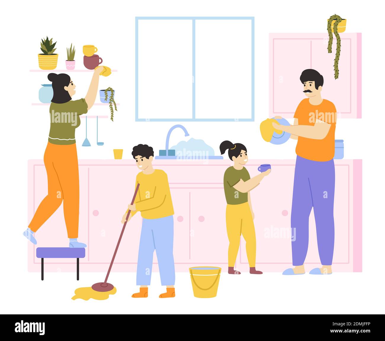 Casa de limpieza familiar. La familia con los niños hacen las tareas