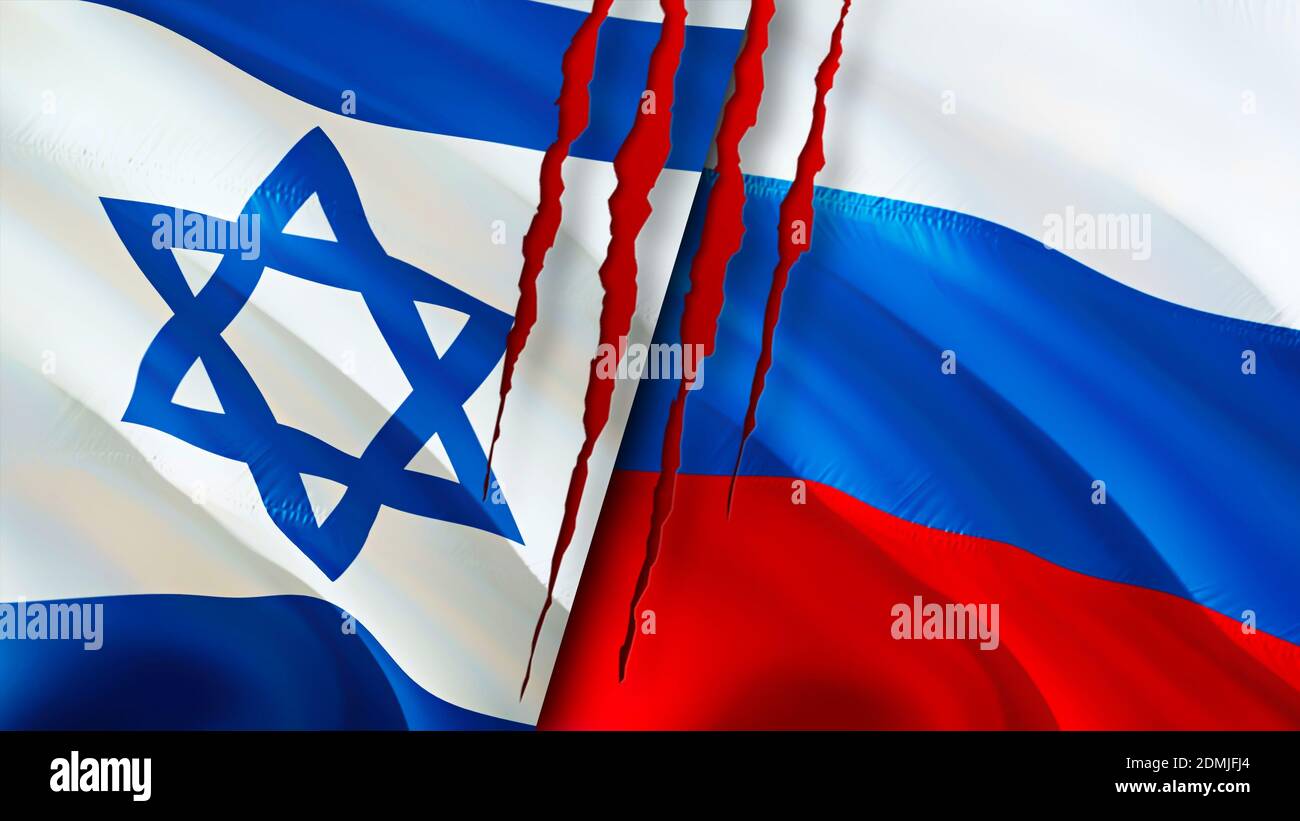 Israel and Russia flags with scar concept. Waving flag,3D rendering. Israel and Russia conflict 