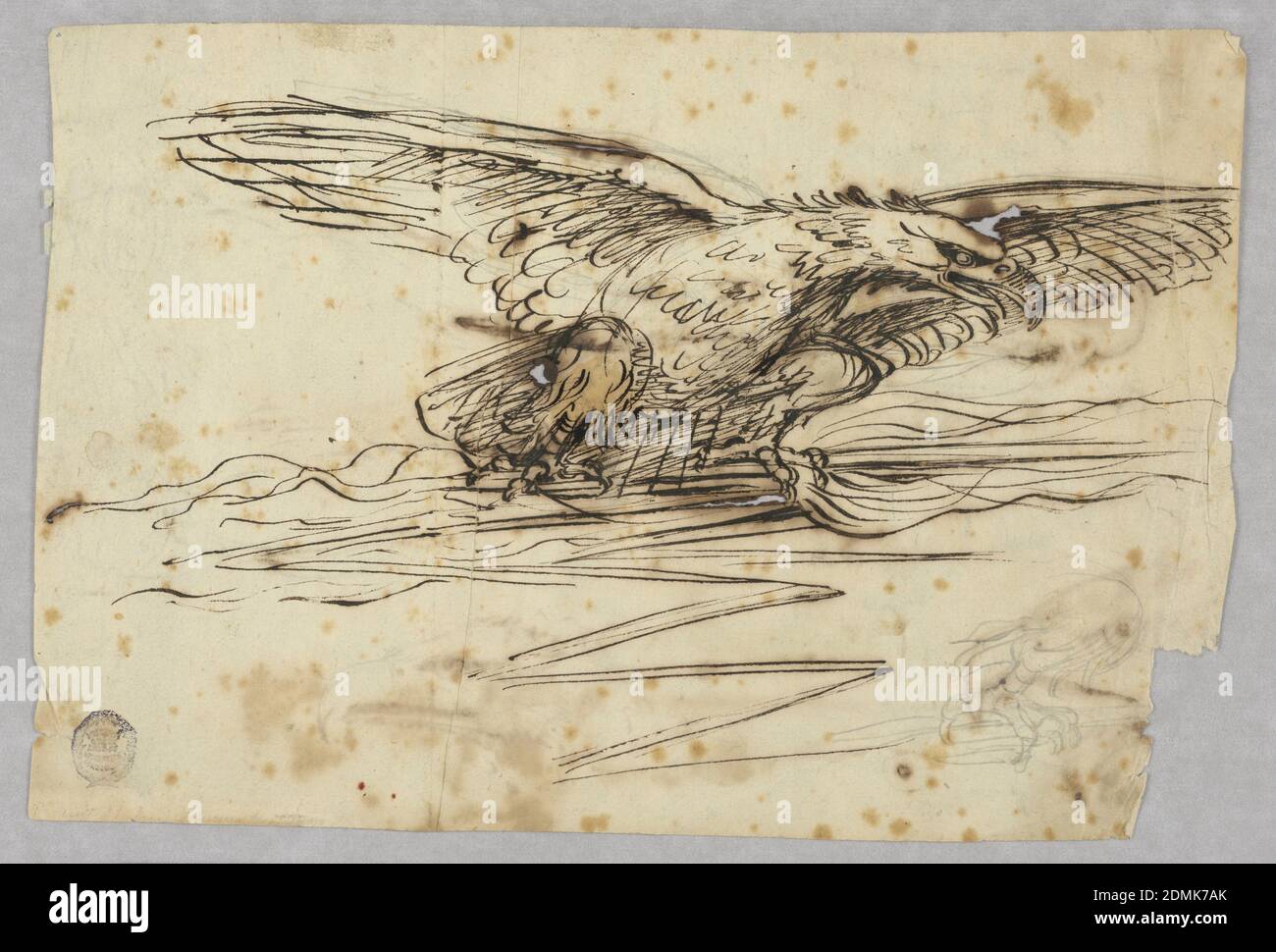 Bocetos para la representación de un Águila sobre un Thunderbolt, grafito,  crayón negro, pluma y tinta sobre papel, anverso: La representación. Abajo  a la derecha: Dibujo de lápiz para el pie izquierdo.