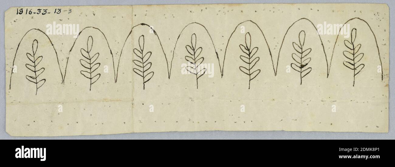Diseño para patrón de bordado, pincel y tinta negra sobre papel, pinzado, patrón de bordado, antes de 1916, dibujo Foto de stock