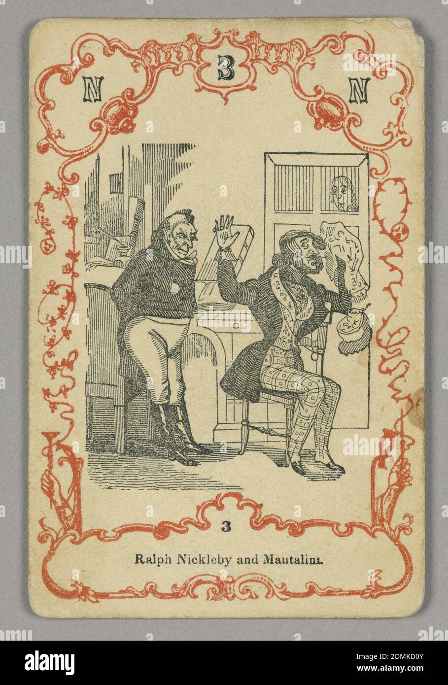 Jugar a la carta, tinta roja y negra, papel, en la parte superior: P 1 C; debajo de la imagen central: 4, Europa, ca. 1855, jugando a la carta Foto de stock