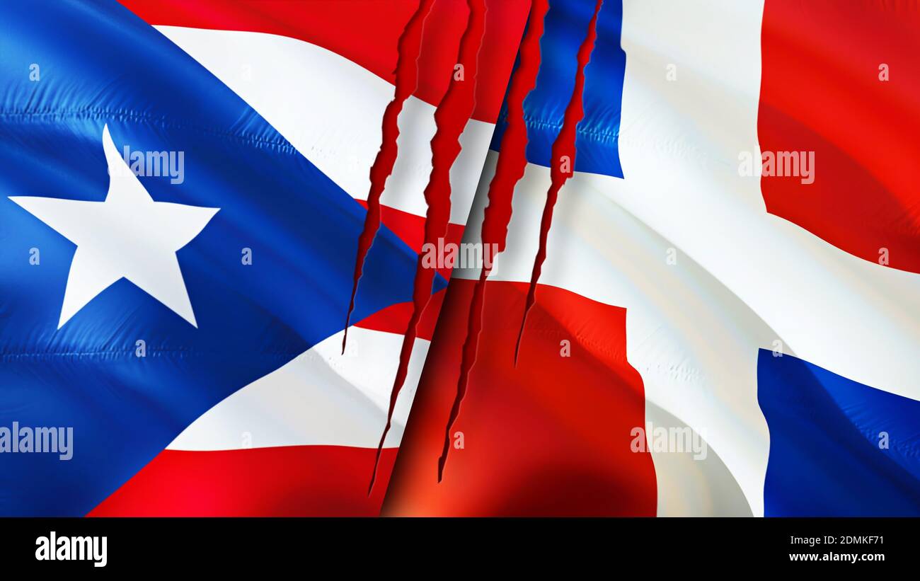 Puerto Rico y República Dominicana banderas con concepto de cicatriz.  Indicador de onduladeamiento, renderizado en 3D. Concepto de conflicto en  Puerto Rico y República Dominicana. Puerto Rico Fotografía de stock - Alamy