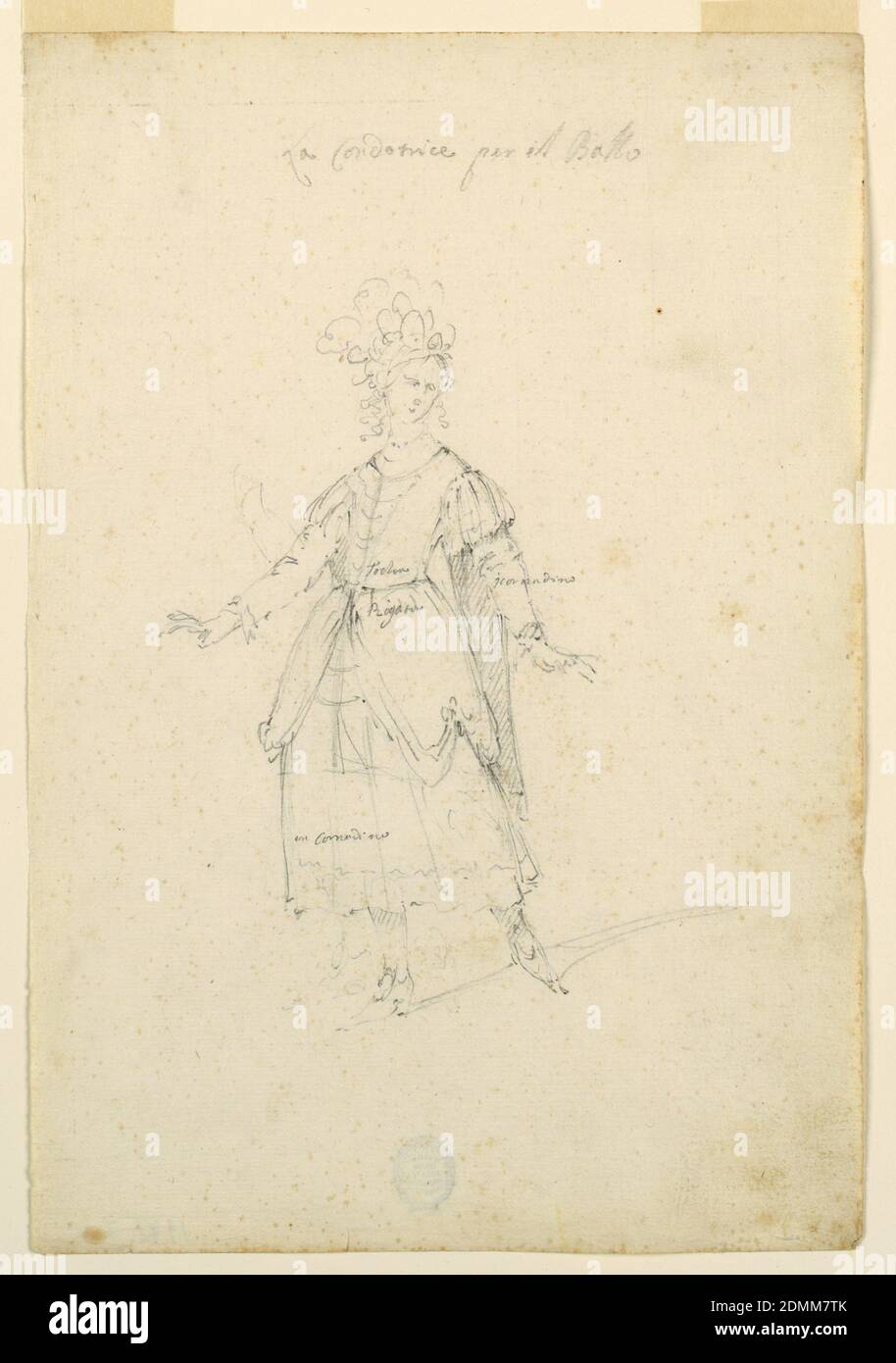 Diseño de vestuario: Una mujer cantante de ballet, lápiz de plomo en papel,  rectángulo vertical. Una mujer se muestra frontally, caminando con las  manos estiradas. Escrito en el corpiño por encima de
