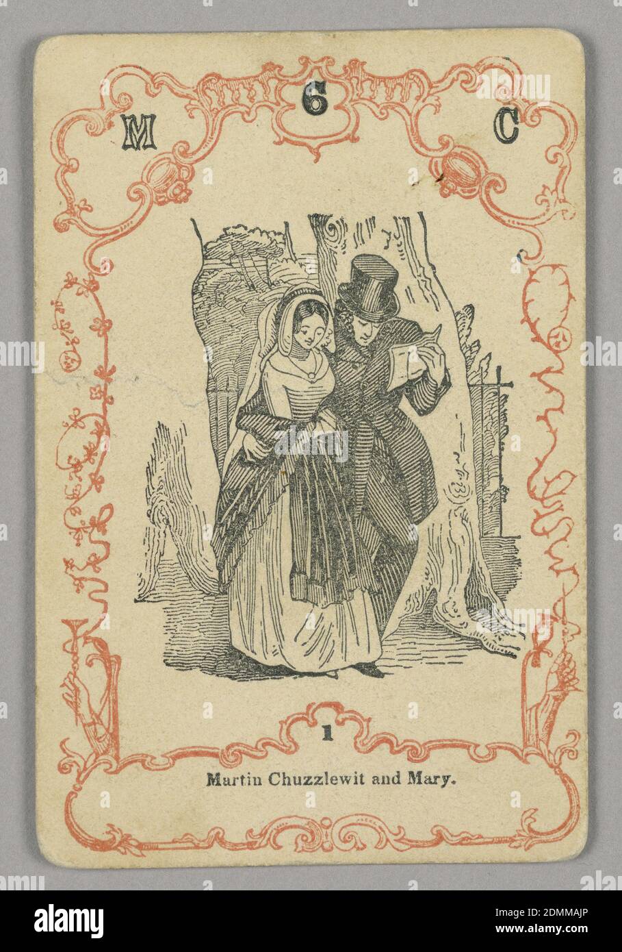 Jugar a la carta, tinta roja y negra, papel, en la parte superior: M 6 C; debajo de la imagen central: 1, Europa, ca. 1855, jugando a la carta Foto de stock
