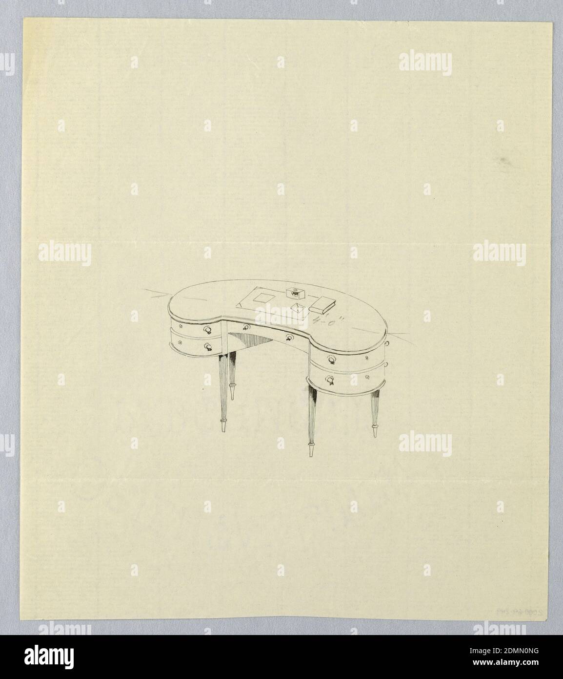 Diseño para mesa de escritura en forma de riñón con Blotter y libro en la parte superior, A.N. Davenport Co., grafito sobre papel crema fino, 1900–05, muebles, dibujo Foto de stock