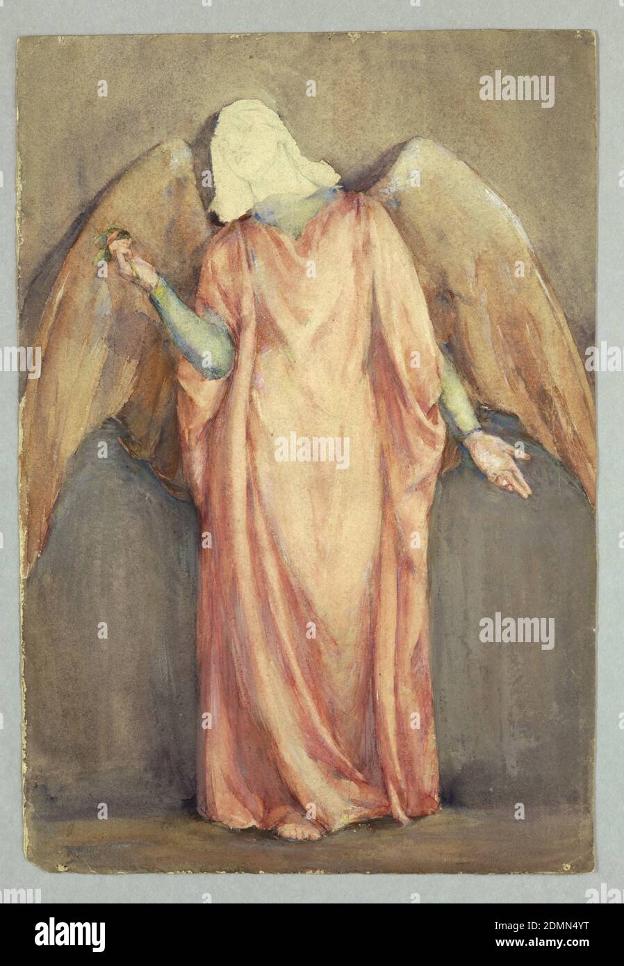 Angel, Louise Howland King Cox, American, 1865–1945, brocha y acuarela, gouache blanco, grafito en papel crema, Ángel frente, en bata rojo-naranja. Cabeza indicada sólo a través de un croquis de grafito., EE.UU., ca. 1895–1910, figuras, dibujo Foto de stock
