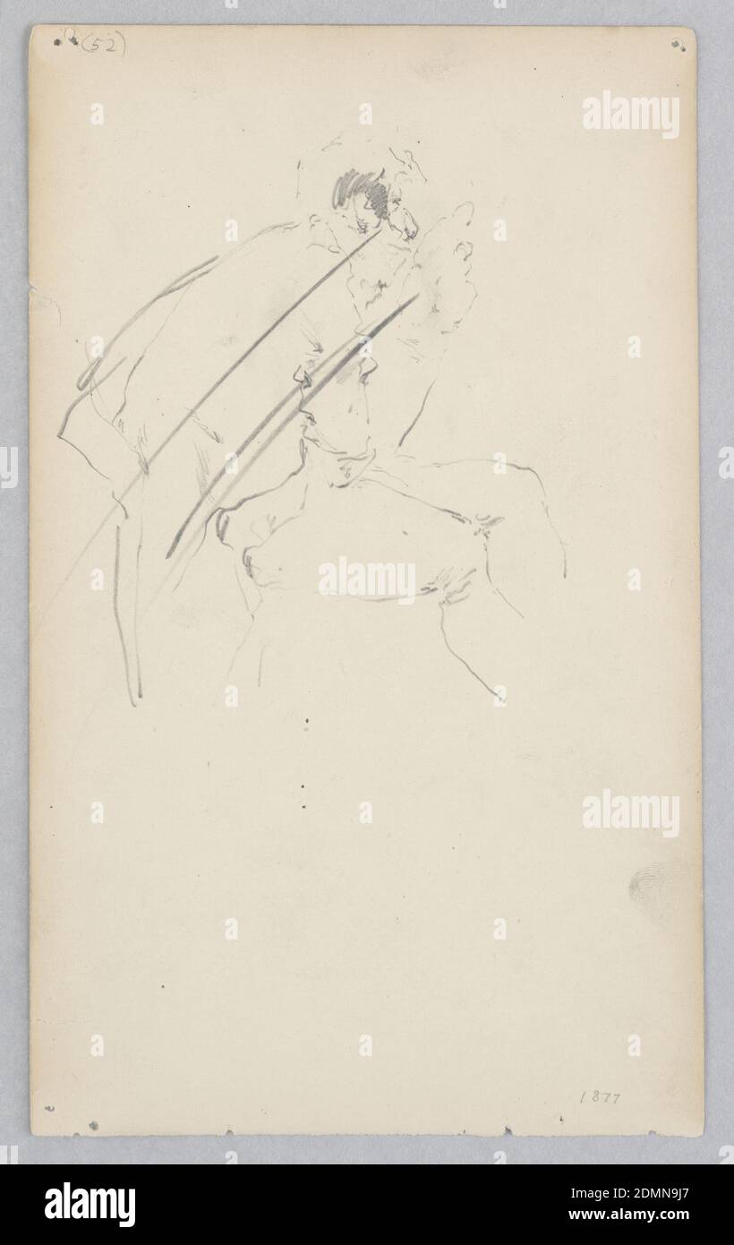 Hombre, Robert Frederick Blum, norteamericano, 1857–1903, grafito sobre papel de la paloma, esbozo de una figura masculina en un coat tachado con líneas diagonales., EE.UU., 1877, figuras, dibujo Foto de stock