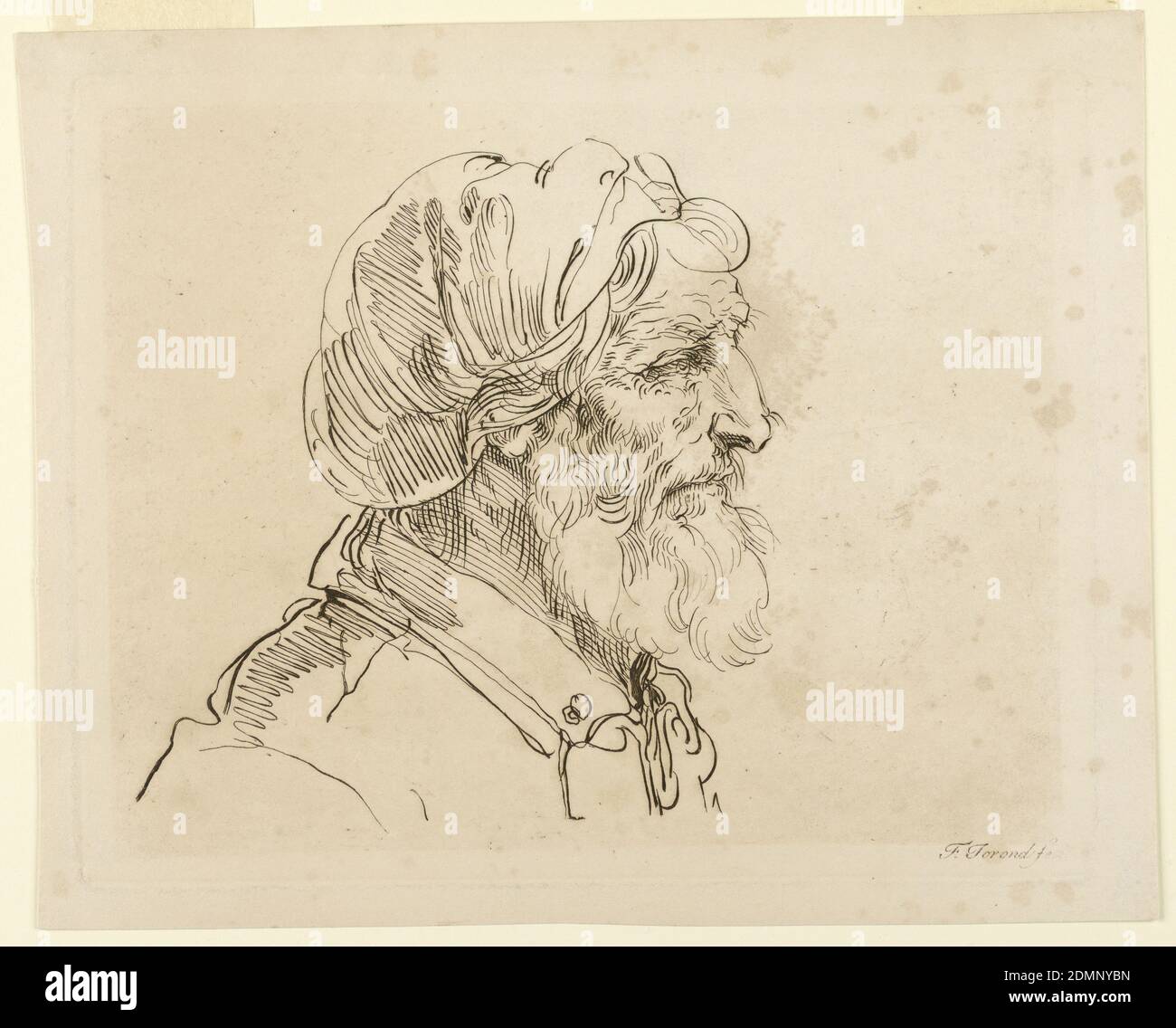 Cabeza de un hombre, F. Torond, Inglés, grabado en tinta marrón sobre papel  blanco, el hombre, visto en el perfil, se enfrenta a la derecha. Lleva una  cubierta de tela, y tiene