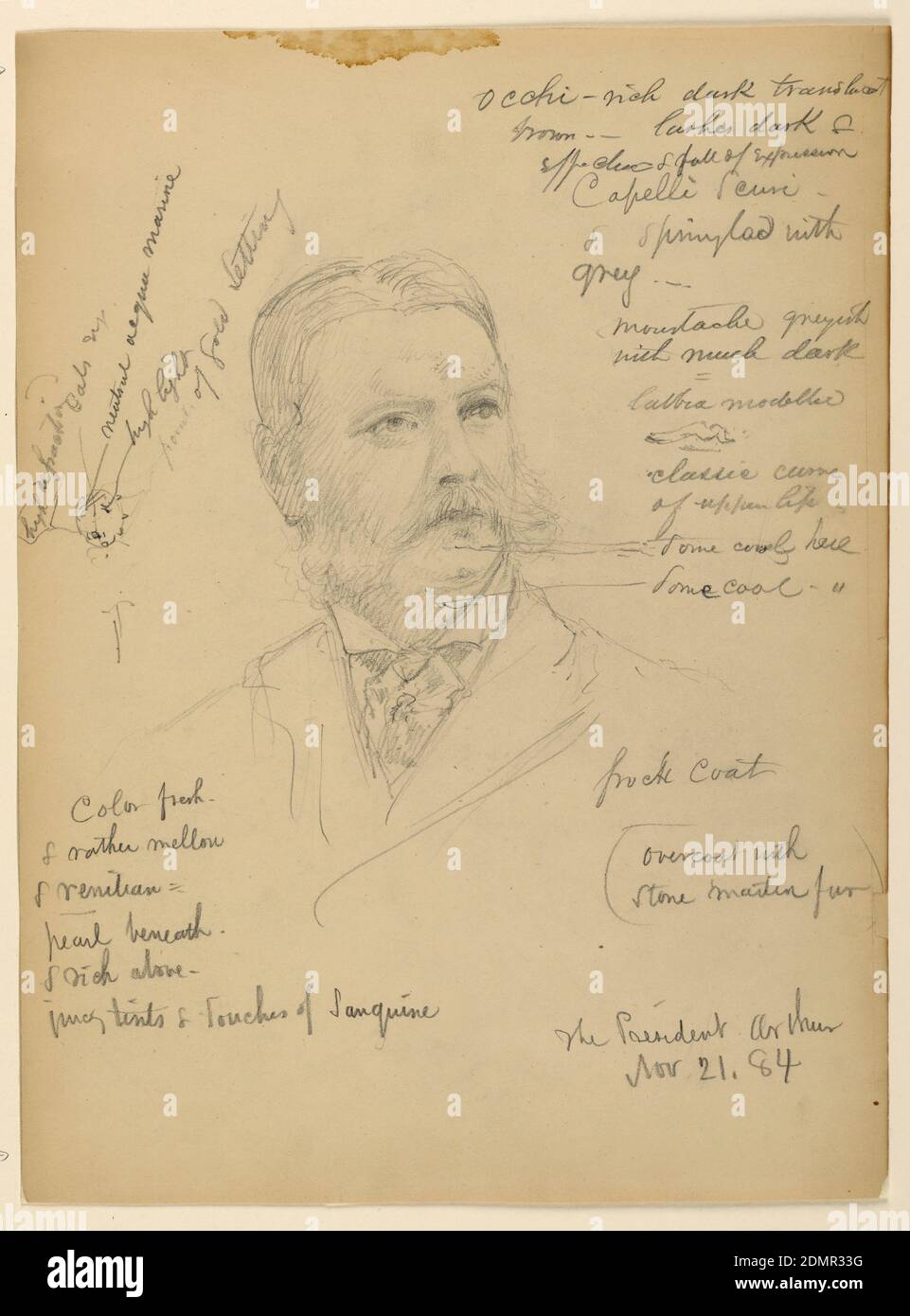 Presidente Chester Alan Arthur, Study of Head, Daniel Huntington, American,  1816–1906, grafito sobre papel de la paloma de buff Verso: Grafito, tiza  marrón y blanca, Estudio de la cabeza hacia la derecha,