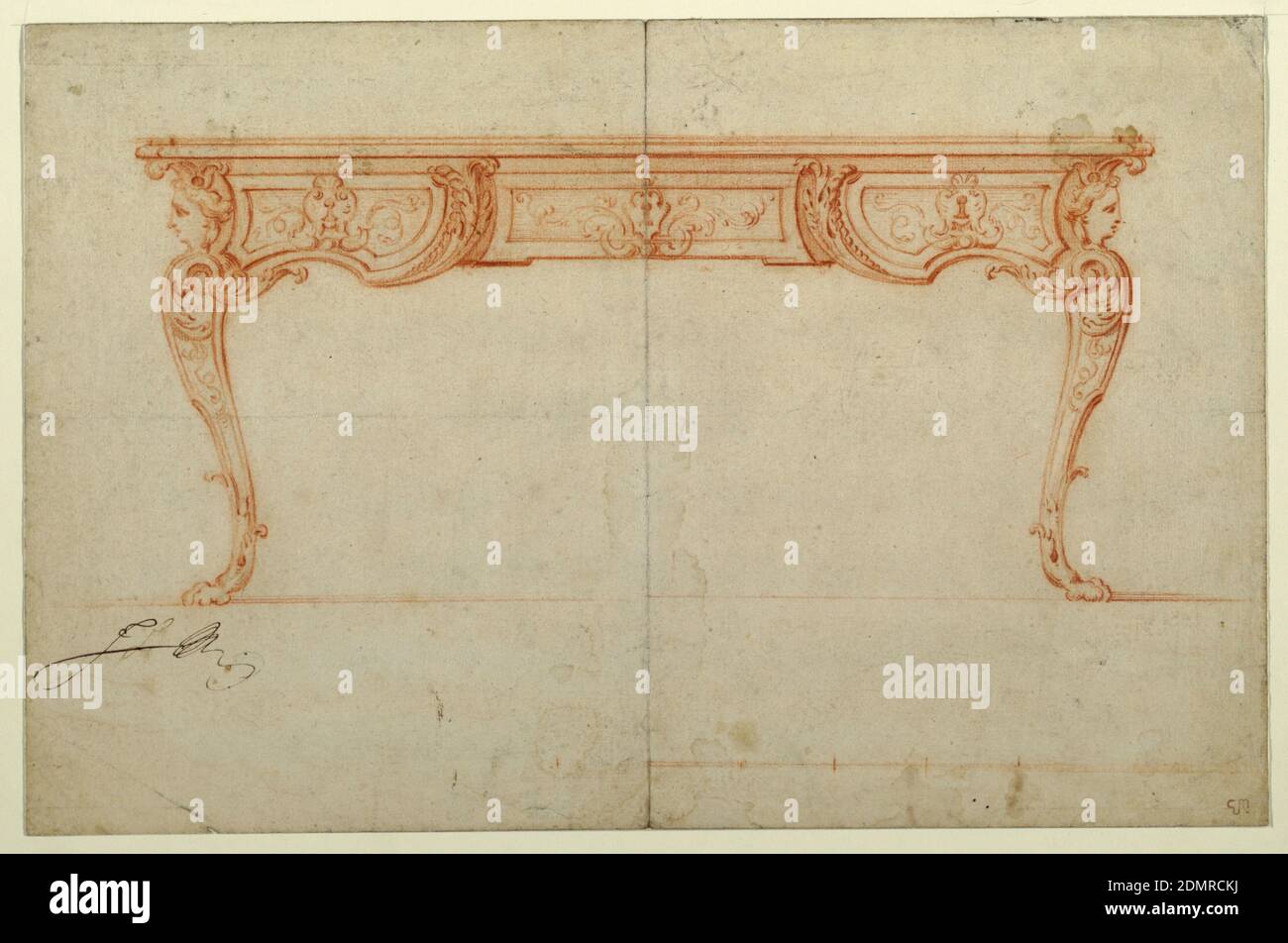 Elevación de un escritorio de escritura [Bureau Plat], André-Charles  Boulle, francés, 1642 – 1732, tiza roja sobre papel de color crema,  forrado, escritorio de escritura plano con patas rodadas compuestas de pies