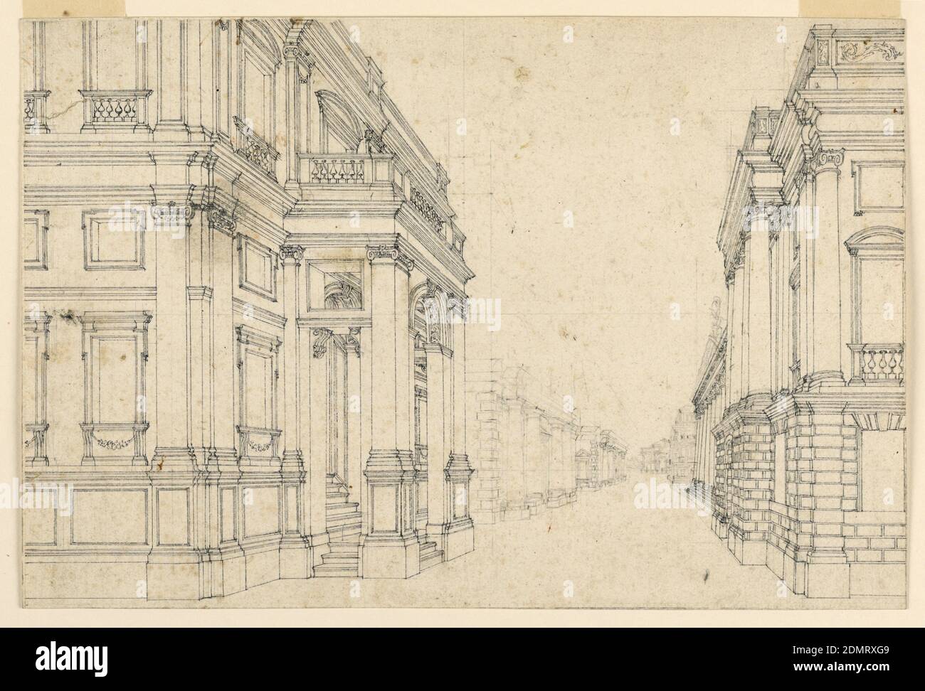 Diseño de escenario: Calle de la ciudad con Palacios, pluma y tinta negra, lápiz, Italia, finales del siglo 18, teatro, dibujo Foto de stock