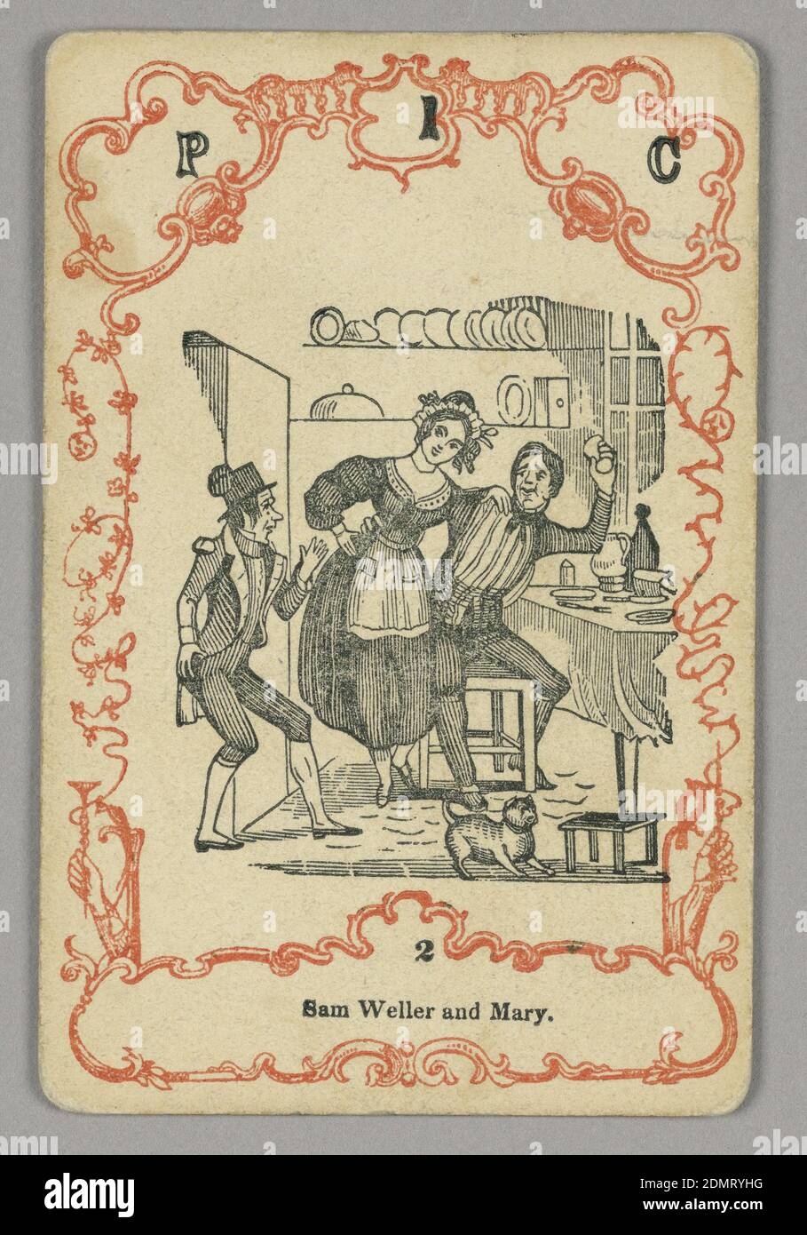 Jugar a la carta, tinta roja y negra, papel, en la parte superior: P 1 C; debajo de la imagen central: 2, Europa, ca. 1855, jugando a la carta Foto de stock