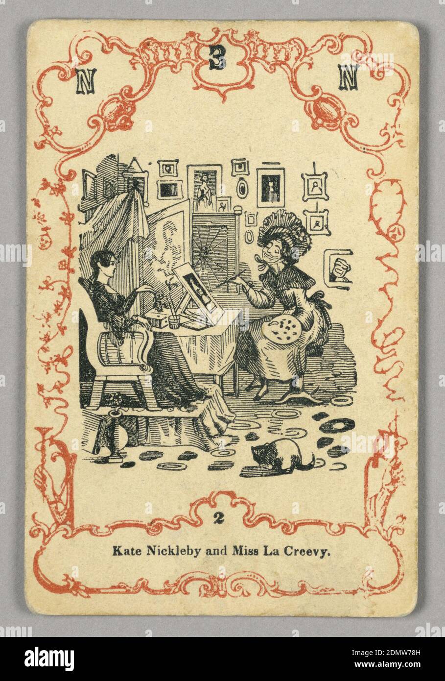 Jugar a la carta, tinta roja y negra, papel, arriba: N 3 N; abajo imagen central: 2, Europa, ca. 1855, jugando a la carta Foto de stock