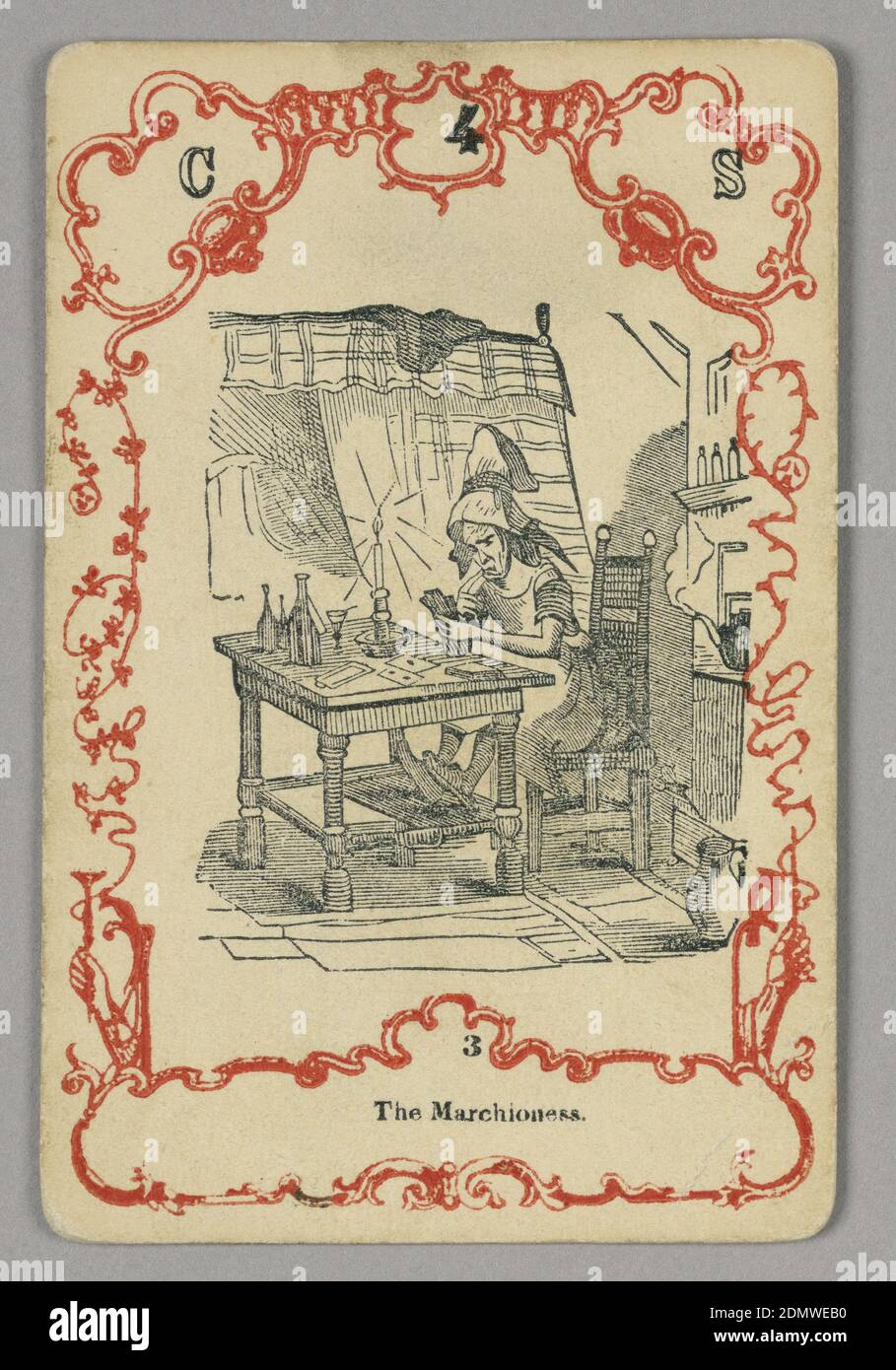 Jugar a la carta, tinta roja y negra, papel, en la parte superior: C 4 S; debajo de la imagen central: 3, Europa, ca. 1855, jugando a la carta Foto de stock