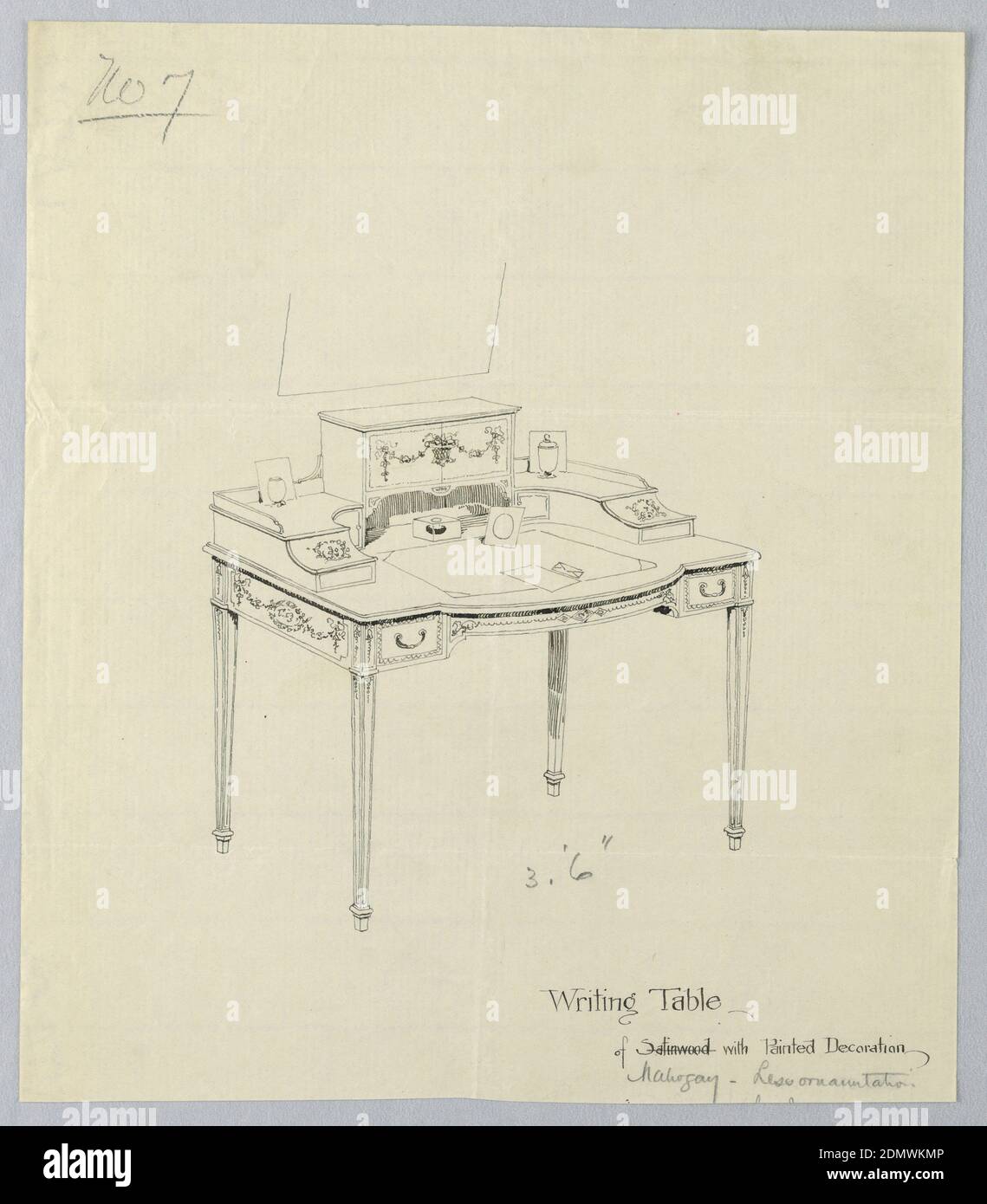 Diseño para escribir Tabla N° 7, A.N. Davenport Co., pluma y tinta negra, grafito sobre papel crema fino, 1900–05, muebles, dibujo Foto de stock