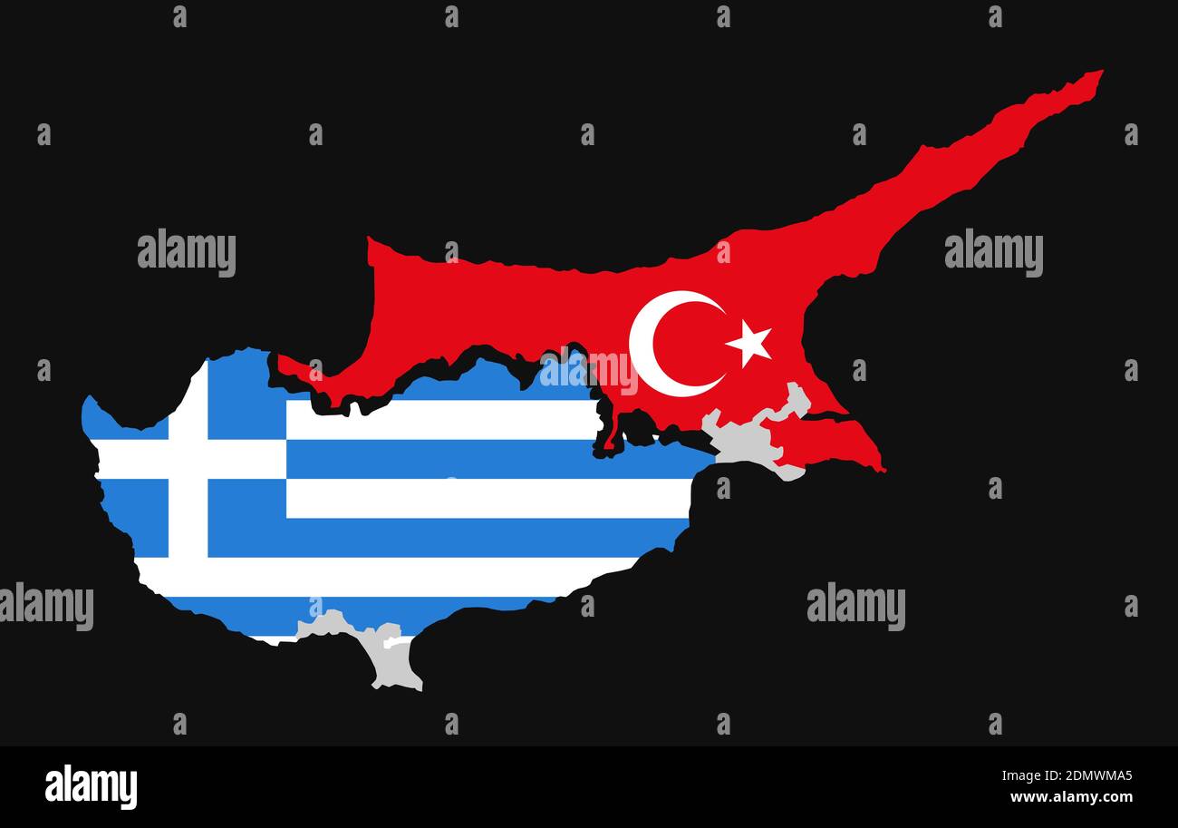 La isla de Chipre está dividida en territorio griego y turco. Chipre disputa, cuestión, problema y conflicto entre Turquía y Grecia. Vector illustrati Foto de stock