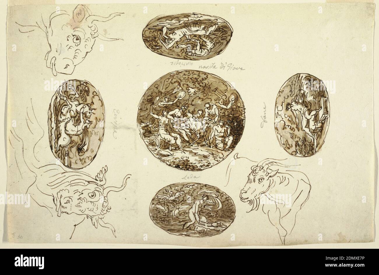Hechos de Júpiter, por un techo, Felice Giani, italiano, 1758–1823, pluma y  tinta, cepillo y lavar sobre restos de grafito sobre papel colocado,  Júpiter bebé cuidado por las ninfas Adrastea e Ida,