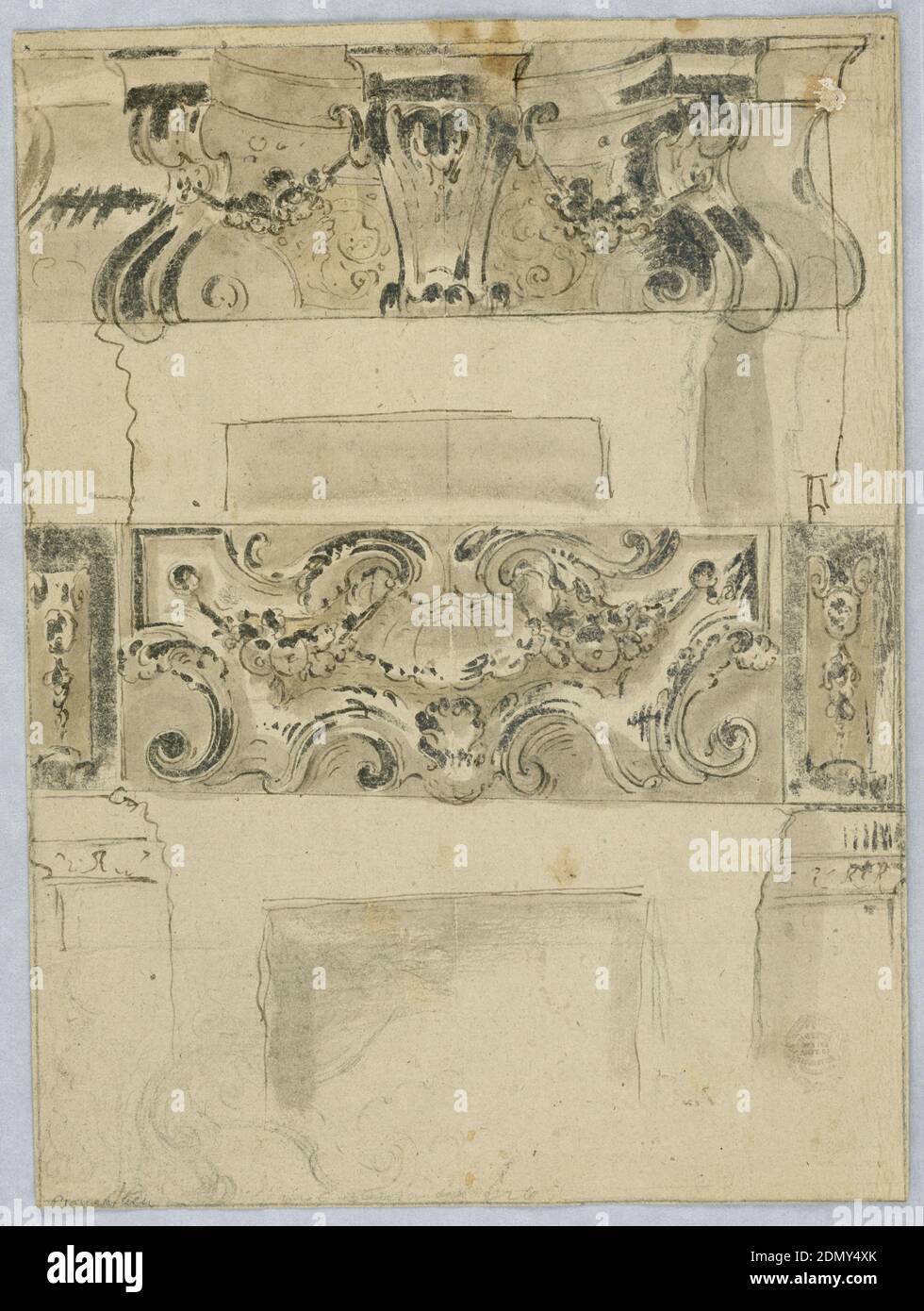 Diseño para Dados, pluma y tinta negra, cepillo y lavado marrón sobre papel, Estudios de frisos de pared., Italia, 1725–50, arquitectura, interiores, dibujo Foto de stock