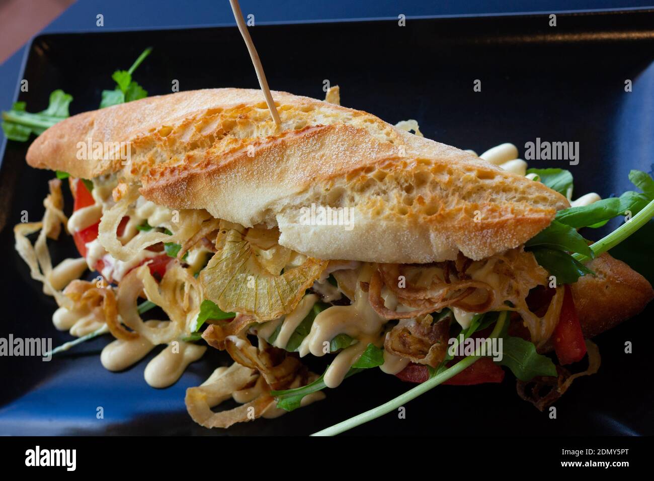 Delicioso sándwich de pollo en pan francés baguette con verduras