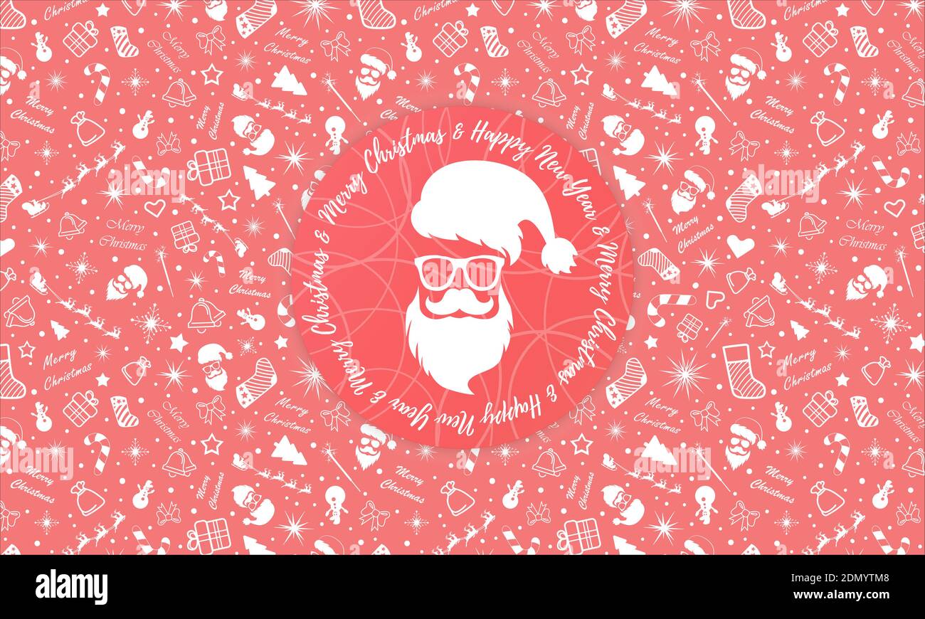 Feliz Navidad y Feliz año nuevo. Contorno blanco sobre fondo rojo con la imagen de Santa Claus. Ilustración del Vector