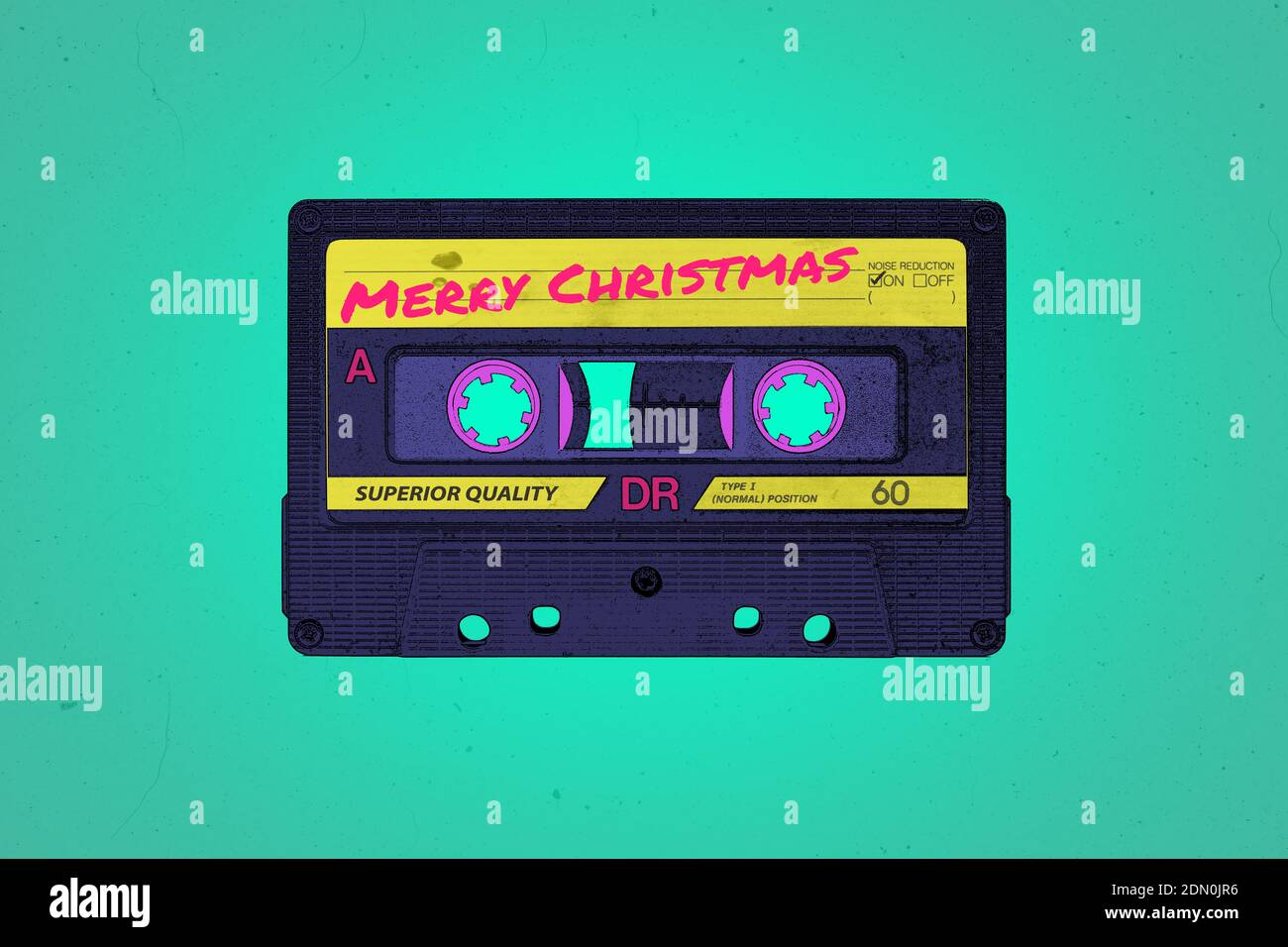 Un alegre NAVIDAD retro de los años 90 o 80 temática vibrante neón cassette de audio de estilo de onda sintva ilustración fondo con espacio de copia Foto de stock