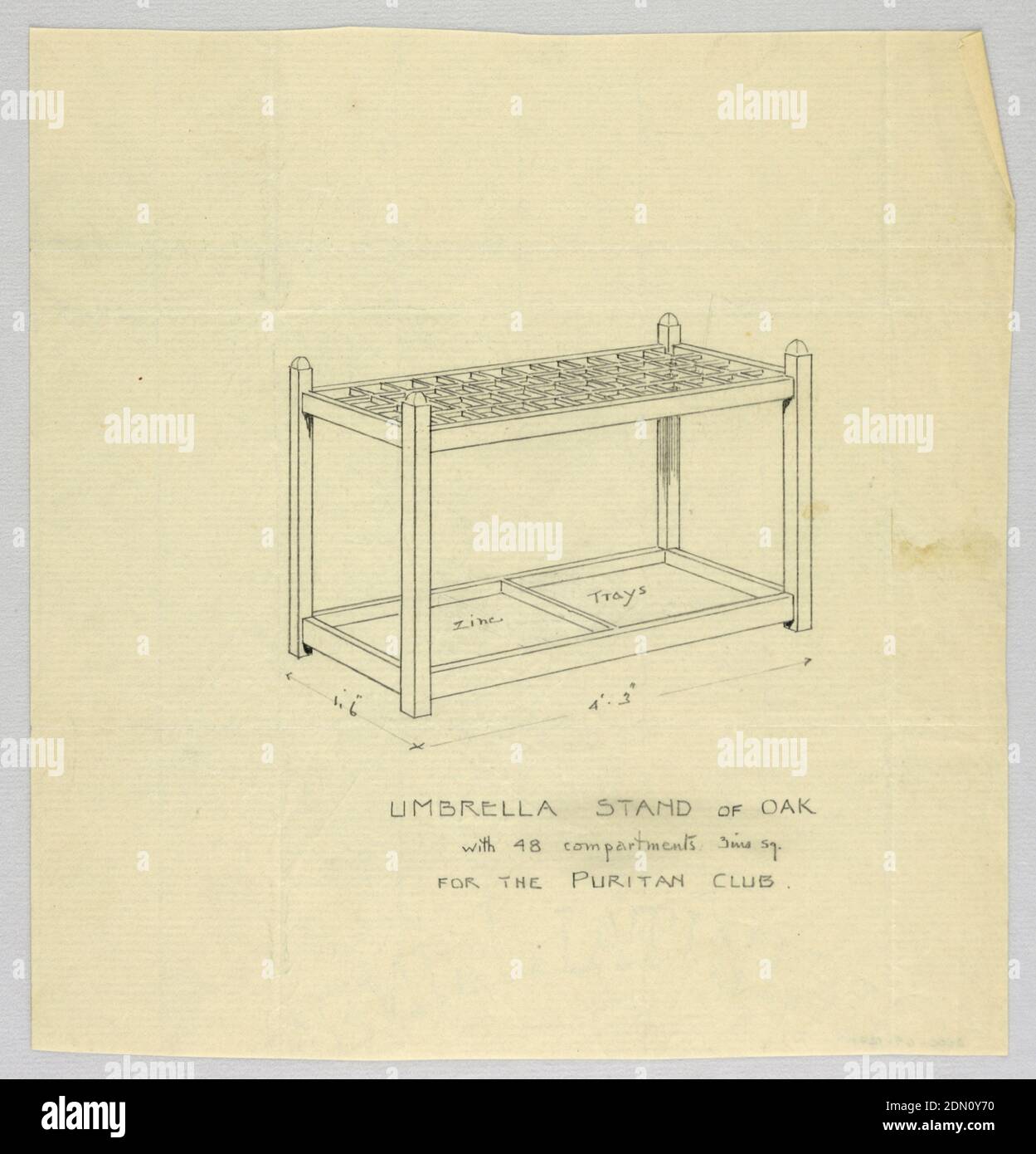 Diseño para soporte de paraguas de roble, A.N. Davenport Co., grafito sobre papel de color crema, 1900–05, muebles, dibujo Foto de stock