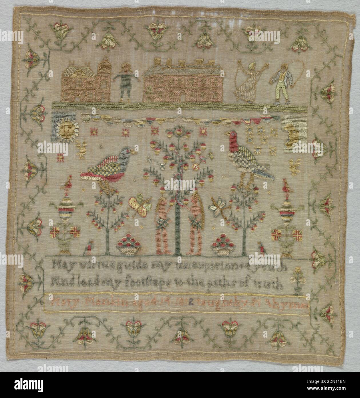 Sampler, Mary Mankin, Mediana: Bordado de seda sobre la fundación de algodón Técnica: Suturas contadas y sin contar; suturas cruzadas, de espiga, tallo, satén, y cosidas en la fundación de tejido liso, dentro de un borde curvado, floral, una banda superior de edificios y dos personas saltando cuerda; Una banda central de Adán y Eva y con el árbol del conocimiento, aves y plantas; Y un versículo: "La virtud guía a mi joven inexperto y lleva mis pasos al camino de la verdad" e inscripción:, Mary Mankin, de 14 181 años, enseñada por Mahymer (?), la última letra de la fecha fue quitada, y 2 fue escrita en tinta., Inglaterra Foto de stock