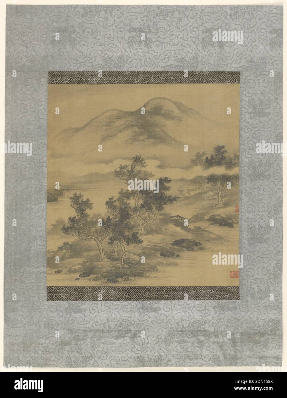 Paisaje de montaña, pincel y tinta negra en seda, montado, y con una alfombra de brocado gris, Europa y Japón, siglo 17, teatro, dibujo Foto de stock