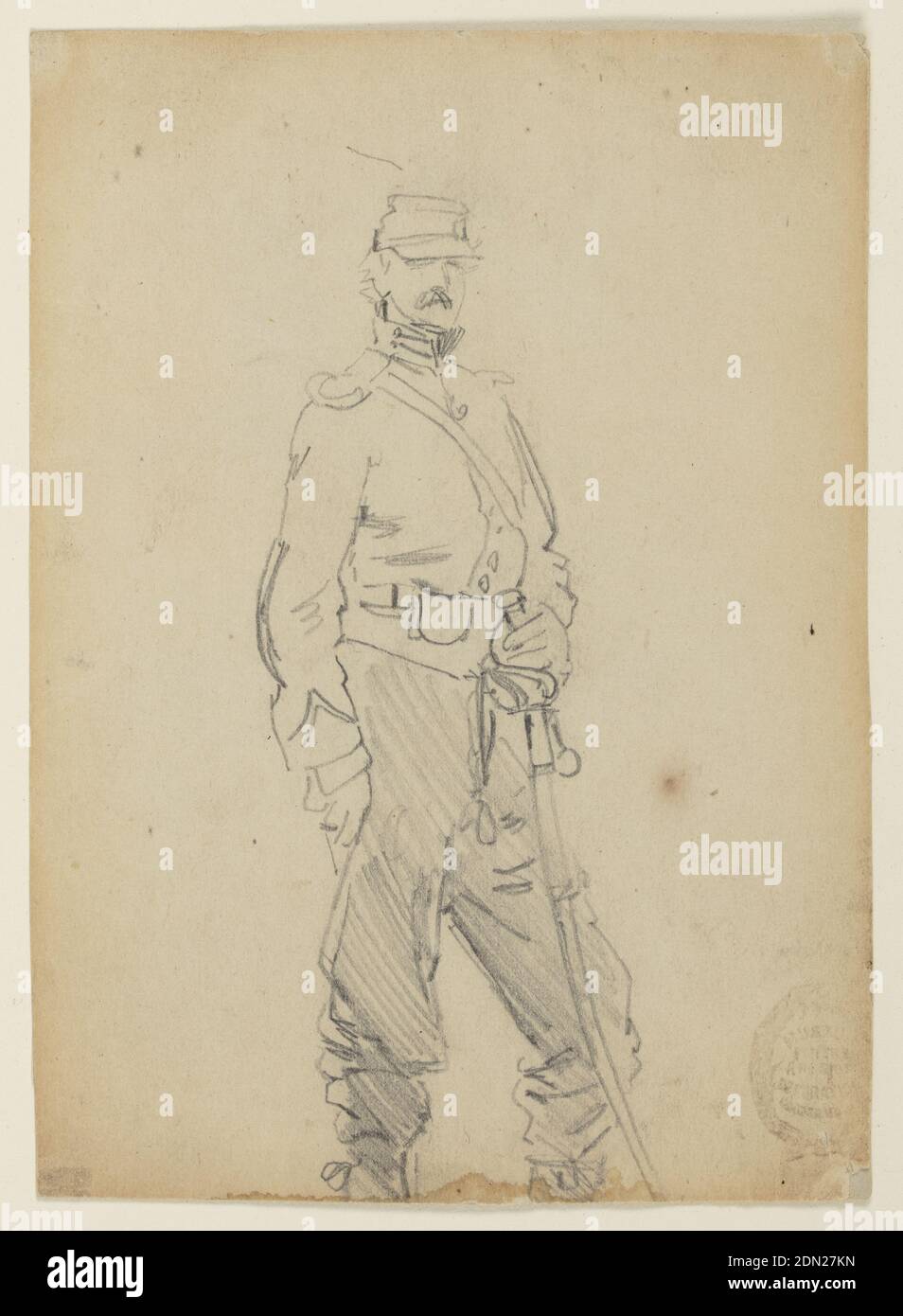 Oficial permanente, Winslow Homer, norteamericano, 1836–1910, grafito sobre papel crema, Vista vertical de un oficial parado en la facilidad., EE.UU., 1862, figuras, dibujo Foto de stock