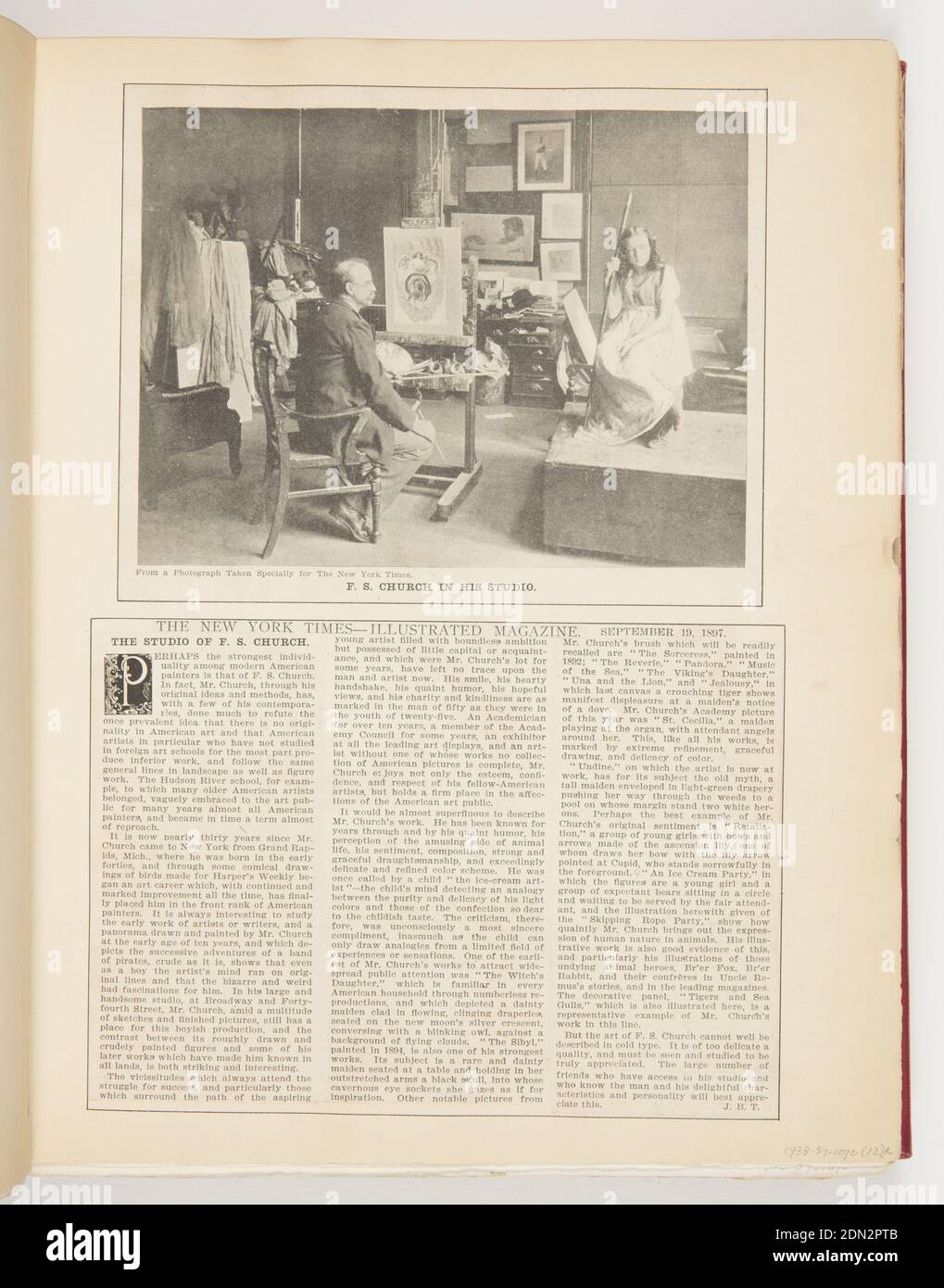 El Estudio de F.S. Iglesia, Impreso en tinta negra sobre papel, recortes de artículo del New York Times, EE.UU., 1897, efemera, Ephemera, Ephemera Foto de stock