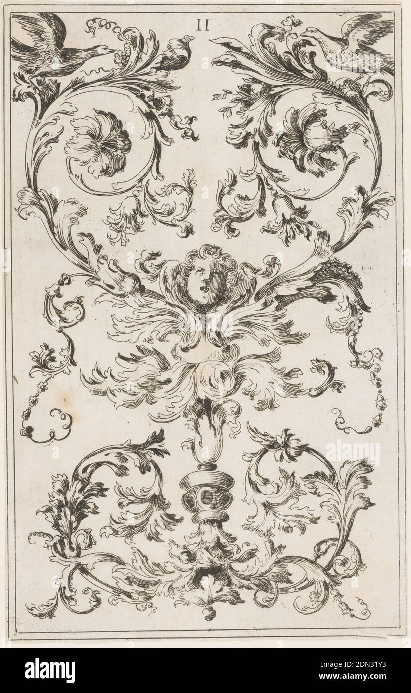 Hoja de una suite ornamental de arabescos, tinta negra sobre papel, Diseño para arabescos ornamentales de hojas, Italia, ca. 1730, ornamento, impresión Foto de stock