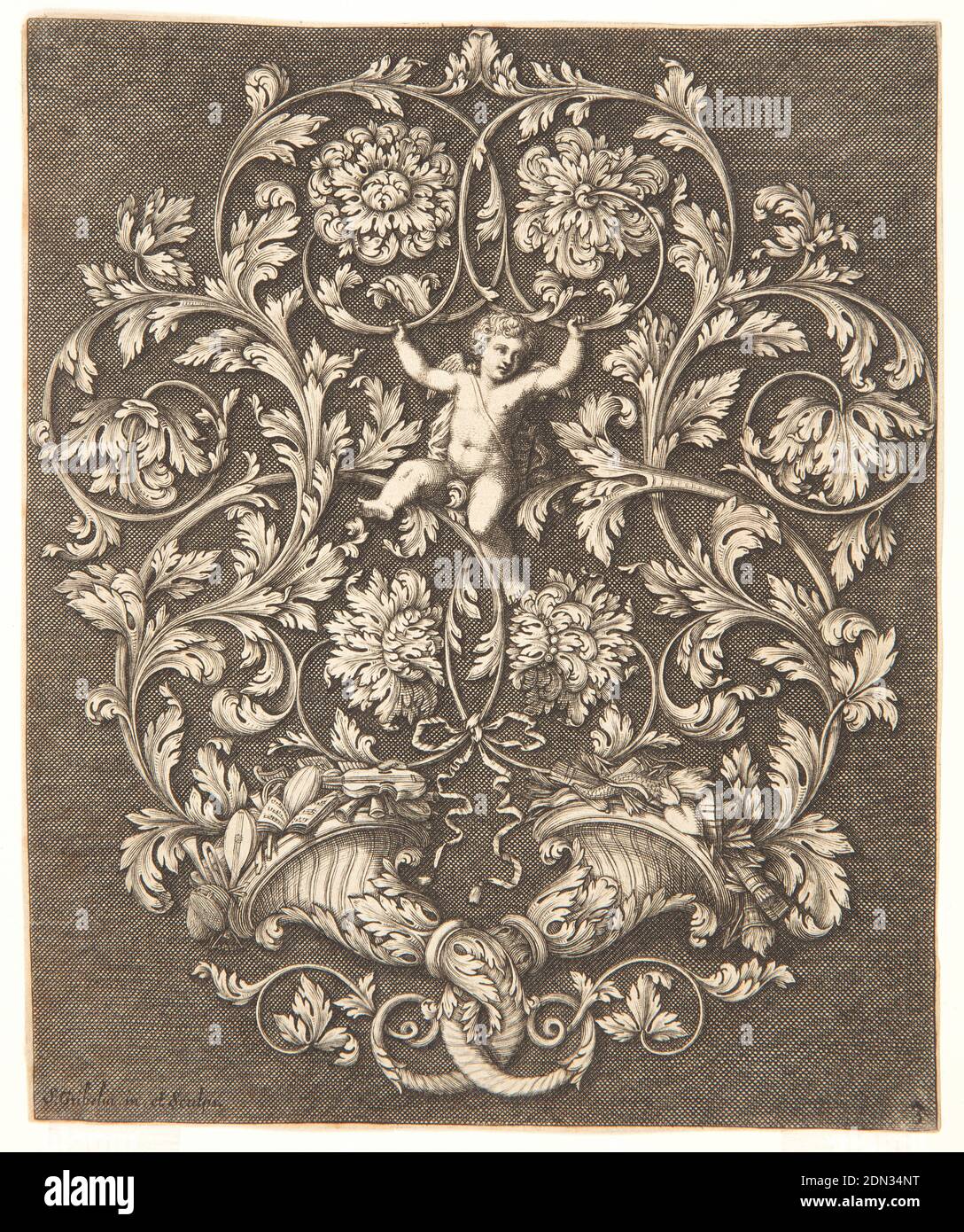 Rinceaux Diseño con Putto, placa 3, de UN Nuevo Libro de Ornaments útil para todos los artistas, Simon Gribelin II, francés, 1661 - 1733, grabado, grabado en papel blanco, Cupido es apoyado en el centro por rinceaux que surgen de dos cornucopias entrelazadas; los atributos de la música están en la cornucopia izquierda, los atributos del amor en la derecha. Fondo oscuro, sombreado. Abajo a la izquierda: . Gribelin in. Et Sculpps; izquierda, 3., Francia, 1704, ornamento, impresión Foto de stock