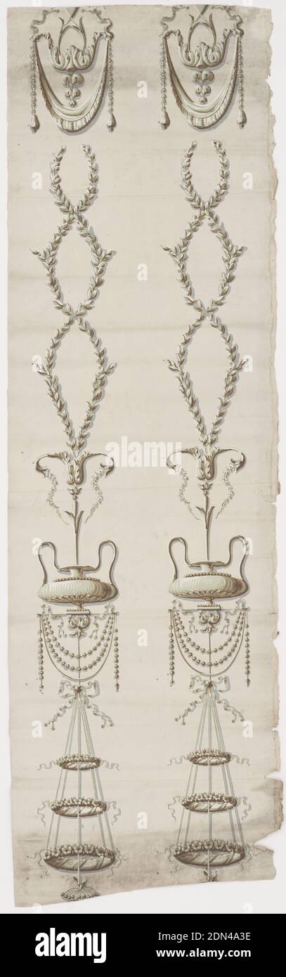 Urnas atadas con cinta, bloque impreso en papel hecho a mano, arabesque con urnas atadas con cinta y streamers foliados. Impreso en grisaille sobre tierra gris., 1800–1850, Wallcoverings, Sidewall, Sidewall Foto de stock