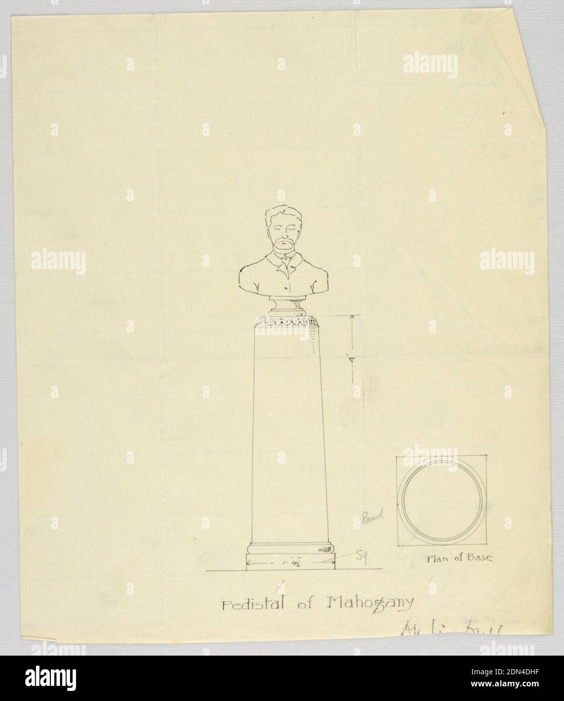 Diseño para pedestal de caoba, A.N. Davenport Co., pluma y tinta negra, grafito sobre papel de color crema, 1900–05, muebles, dibujo Foto de stock