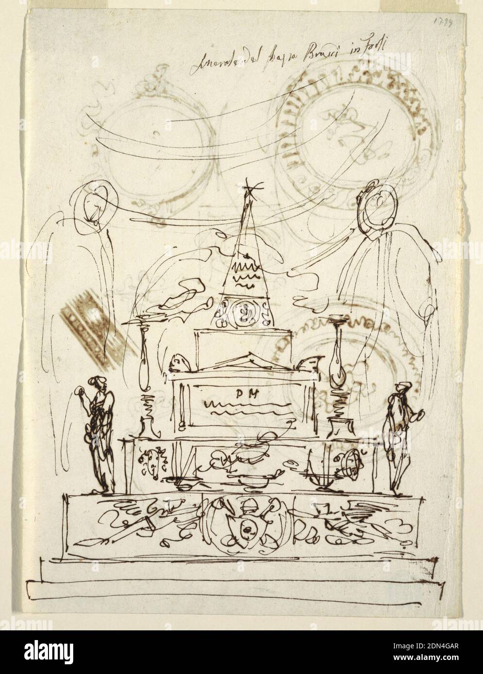 Proyecto de Catafalque para el Servicio funerario del Papa Pío VI en Forli,  Felice Giani, italiano, 1758–1823, pluma y tinta, cepillo y lavado sobre  papel, el catafalque con obelisco coronado con una