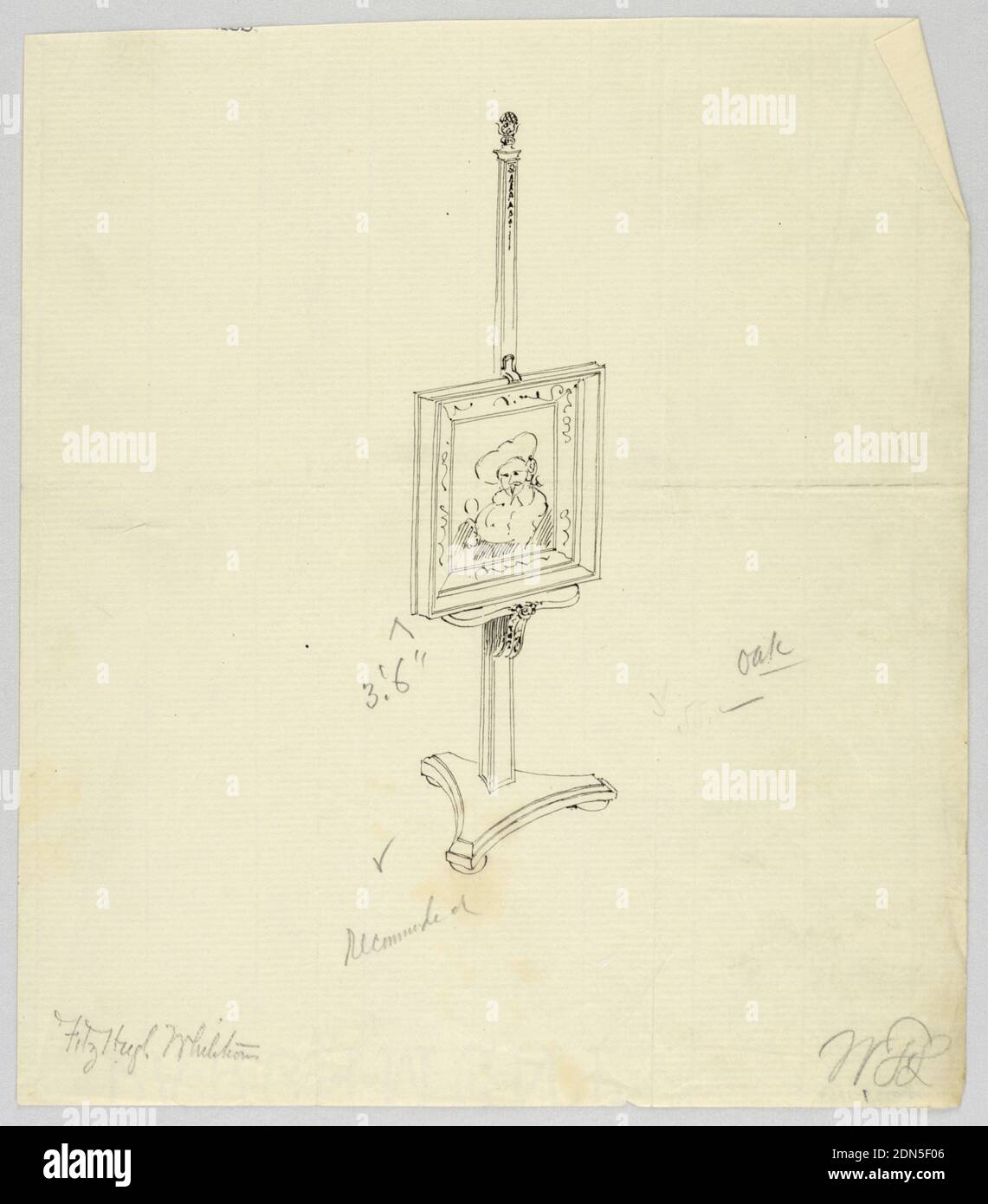 Diseño de la pintura de roble Easel, A.N. Davenport Co., pluma y tinta negra, grafito sobre papel de color crema, 1900–05, muebles, dibujo Foto de stock